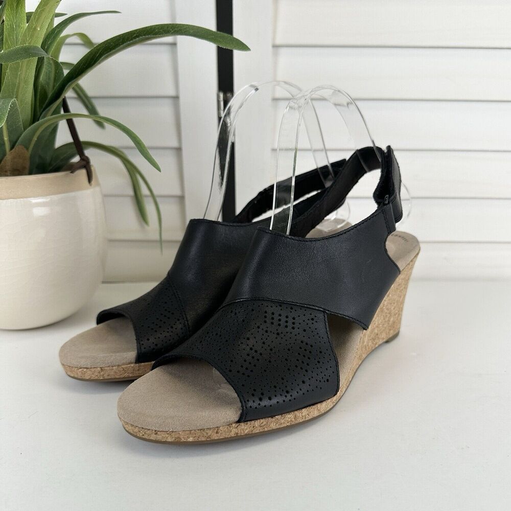 Clarks Lafley Joy Black Lasercut Cork Wedge Heel Sandal Comfort‎ Shoe Size 9 M